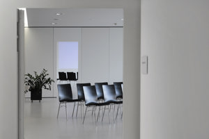 Schwarze Stuhlreihen und Pflanze in der komplett weiß gehaltenen Seegalerie des Festspielhauses Bregenz