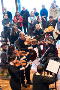 Ein Orchester beim Tag der offenen Tür vor begeistertem Publikum im Seestudio des Festspielhauses Bregenz