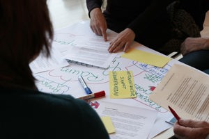 World Cafe Teilnehmer:innen machen handschriftliche Notizen im Festspielhauses Bregenz